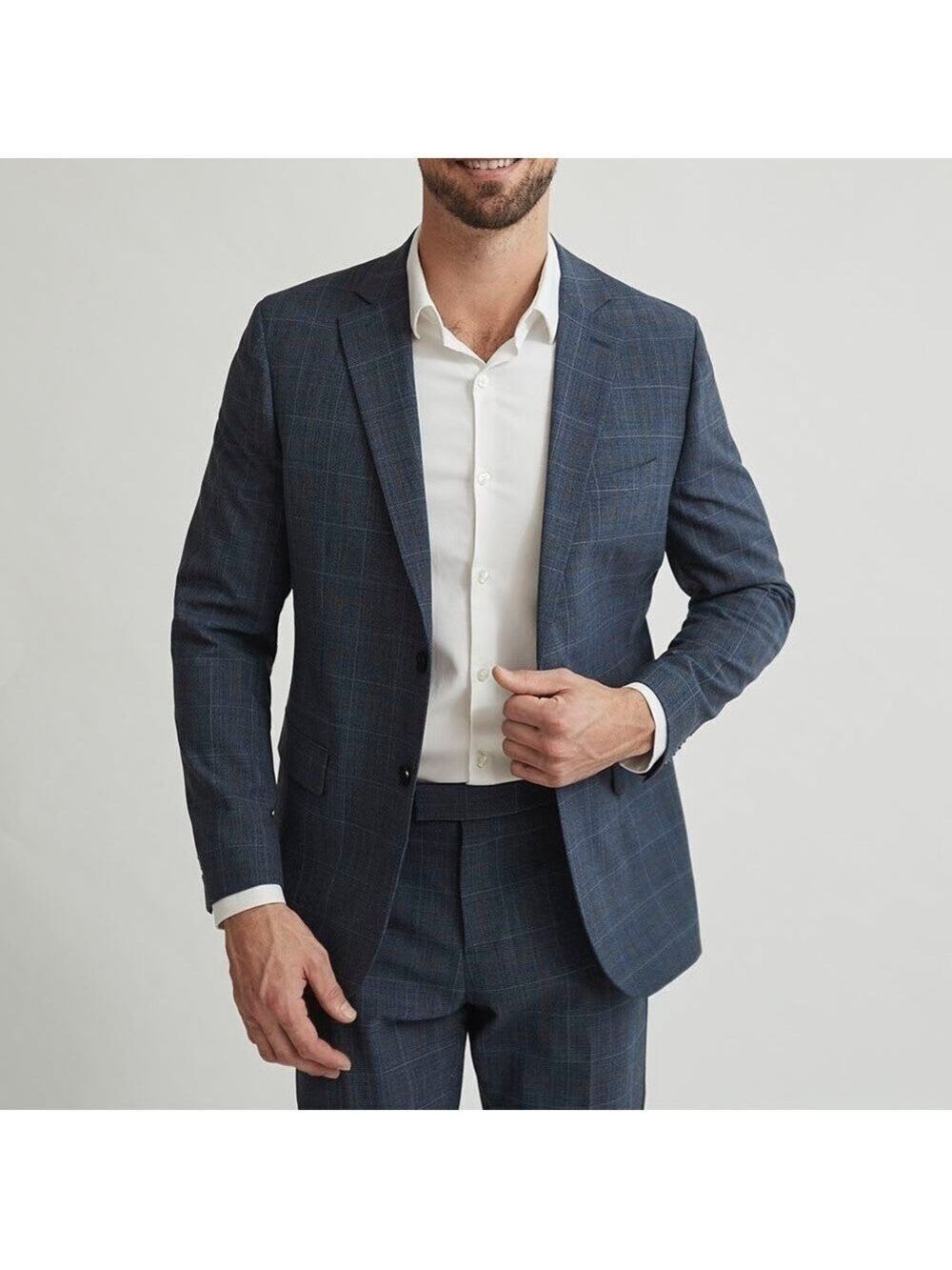 RW &Co Tailored Fit Blue Checkered Plaid Wool Traveler Blazer